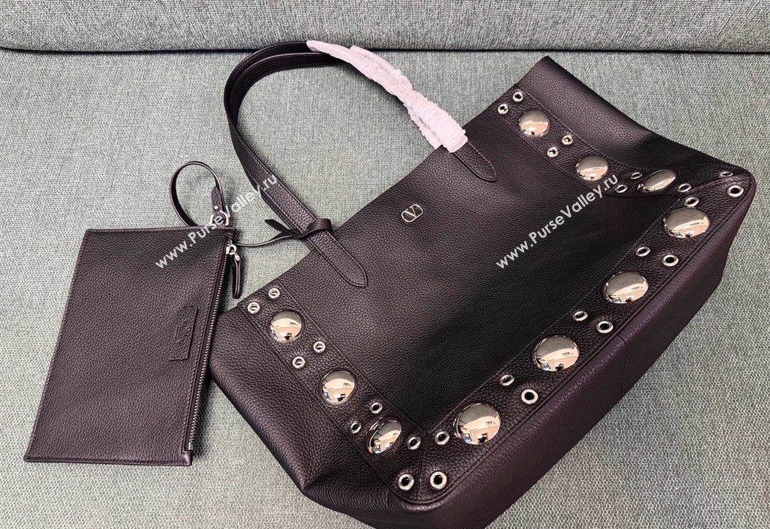 Valentino Medium Nellcôte Shopping Bag in Grainy Calfskin with Ball Studs Black 2025 3177 (JD-250520067)