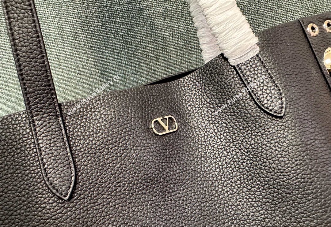 Valentino Medium Nellcôte Shopping Bag in Grainy Calfskin with Ball Studs Black 2025 3177 (JD-250520067)