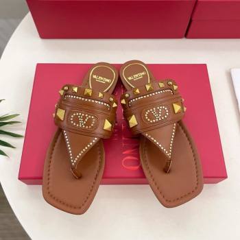 Valentino Plaster Caster Flat Thong Slides Sandal in Calfskin Brown 2025 (MD-250603078)