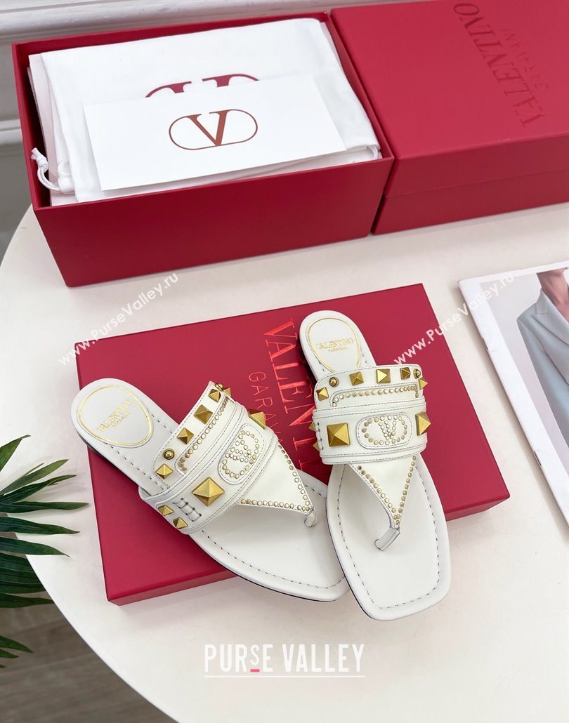 Valentino Plaster Caster Flat Thong Slides Sandal in Calfskin White 2025 (MD-250603080)