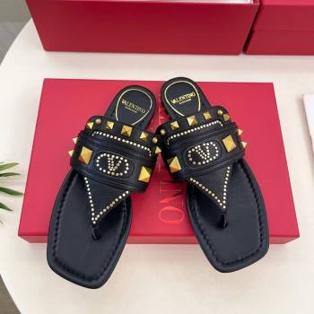 Valentino Plaster Caster Flat Thong Slides Sandal in Calfskin Black 2025 (MD-250603081)
