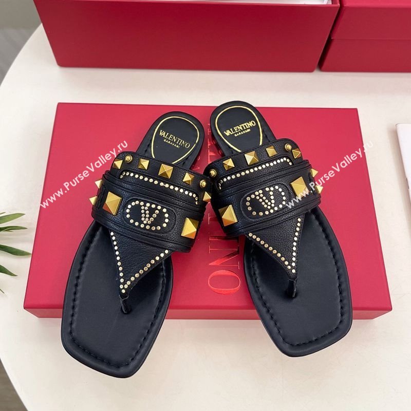 Valentino Plaster Caster Flat Thong Slides Sandal in Calfskin Black 2025 (MD-250603081)