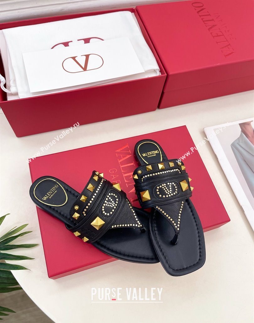 Valentino Plaster Caster Flat Thong Slides Sandal in Calfskin Black 2025 (MD-250603081)