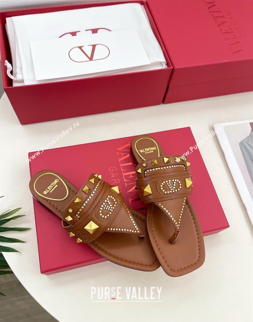 Valentino Plaster Caster Flat Thong Slides Sandal in Calfskin Brown 2025 (MD-250603078)