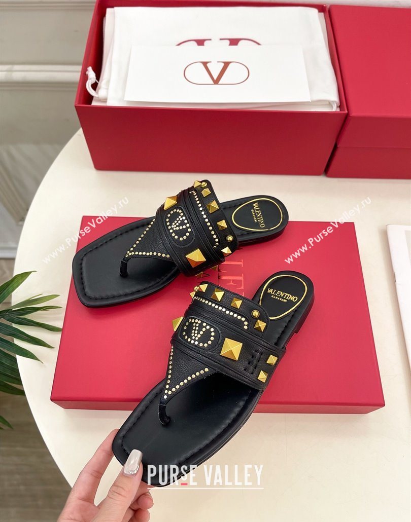 Valentino Plaster Caster Flat Thong Slides Sandal in Calfskin Black 2025 (MD-250603081)