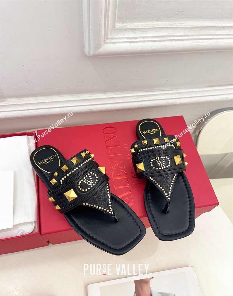 Valentino Plaster Caster Flat Thong Slides Sandal in Calfskin Black 2025 (MD-250603081)