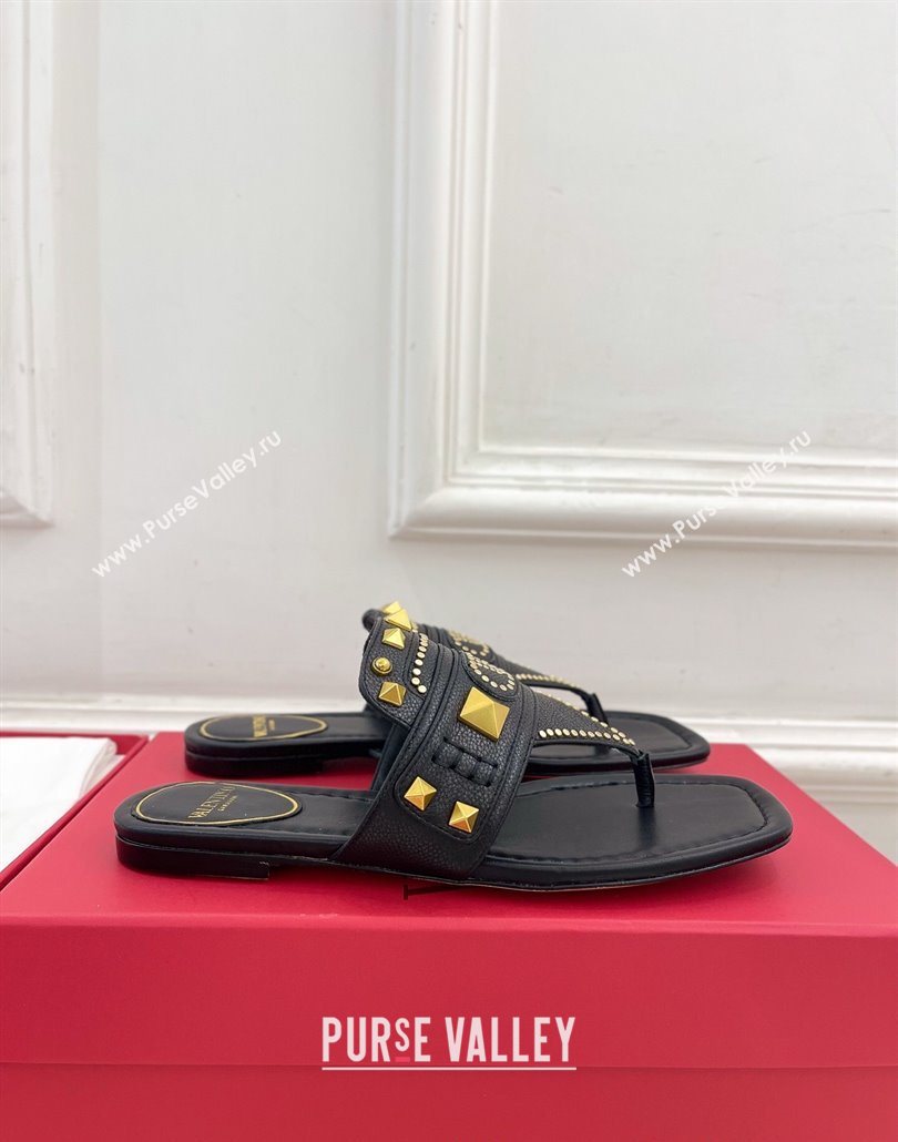 Valentino Plaster Caster Flat Thong Slides Sandal in Calfskin Black 2025 (MD-250603081)