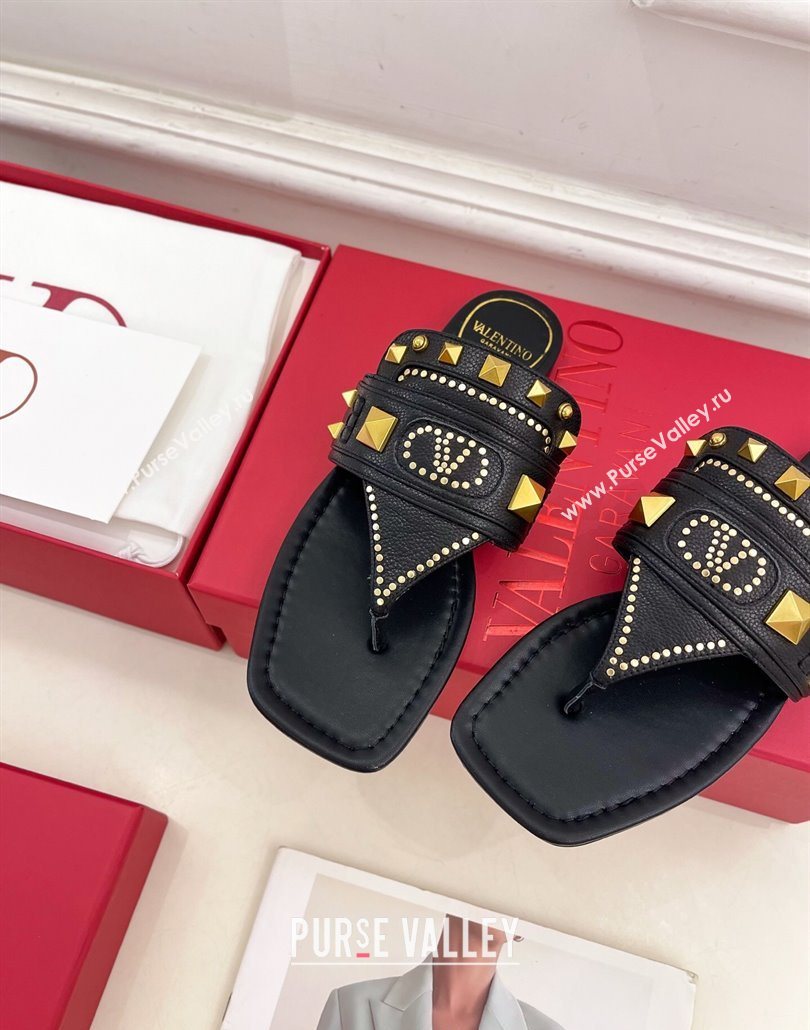 Valentino Plaster Caster Flat Thong Slides Sandal in Calfskin Black 2025 (MD-250603081)