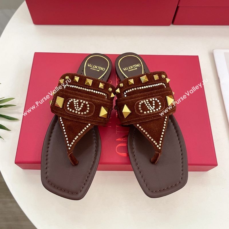 Valentino Plaster Caster Flat Thong Slides Sandal in Suede Brown 2025 (MD-250603082)