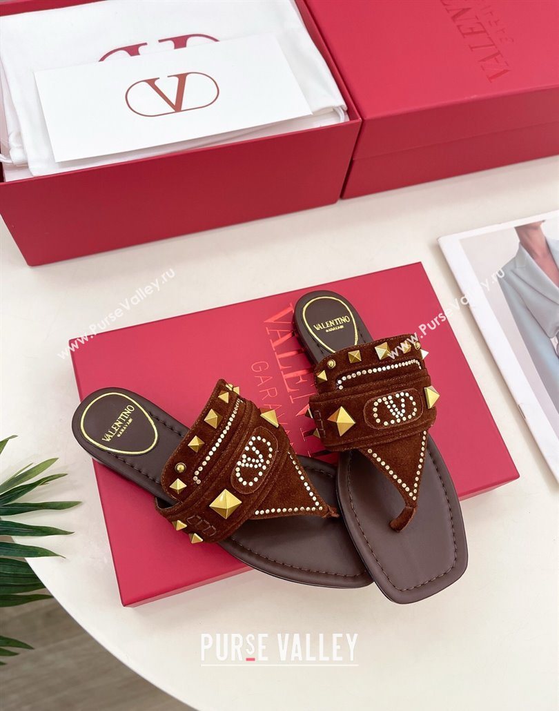 Valentino Plaster Caster Flat Thong Slides Sandal in Suede Brown 2025 (MD-250603082)