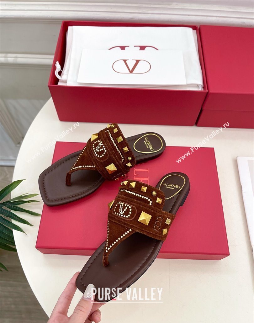 Valentino Plaster Caster Flat Thong Slides Sandal in Suede Brown 2025 (MD-250603082)