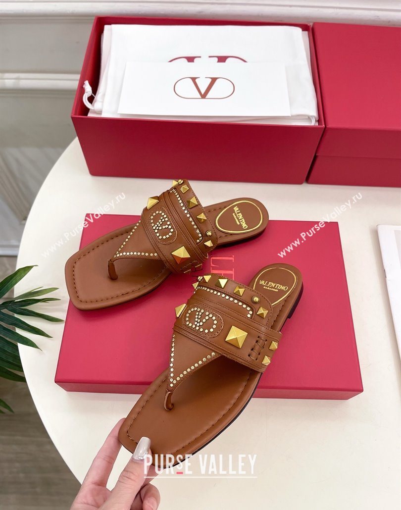 Valentino Plaster Caster Flat Thong Slides Sandal in Calfskin Brown 2025 (MD-250603078)