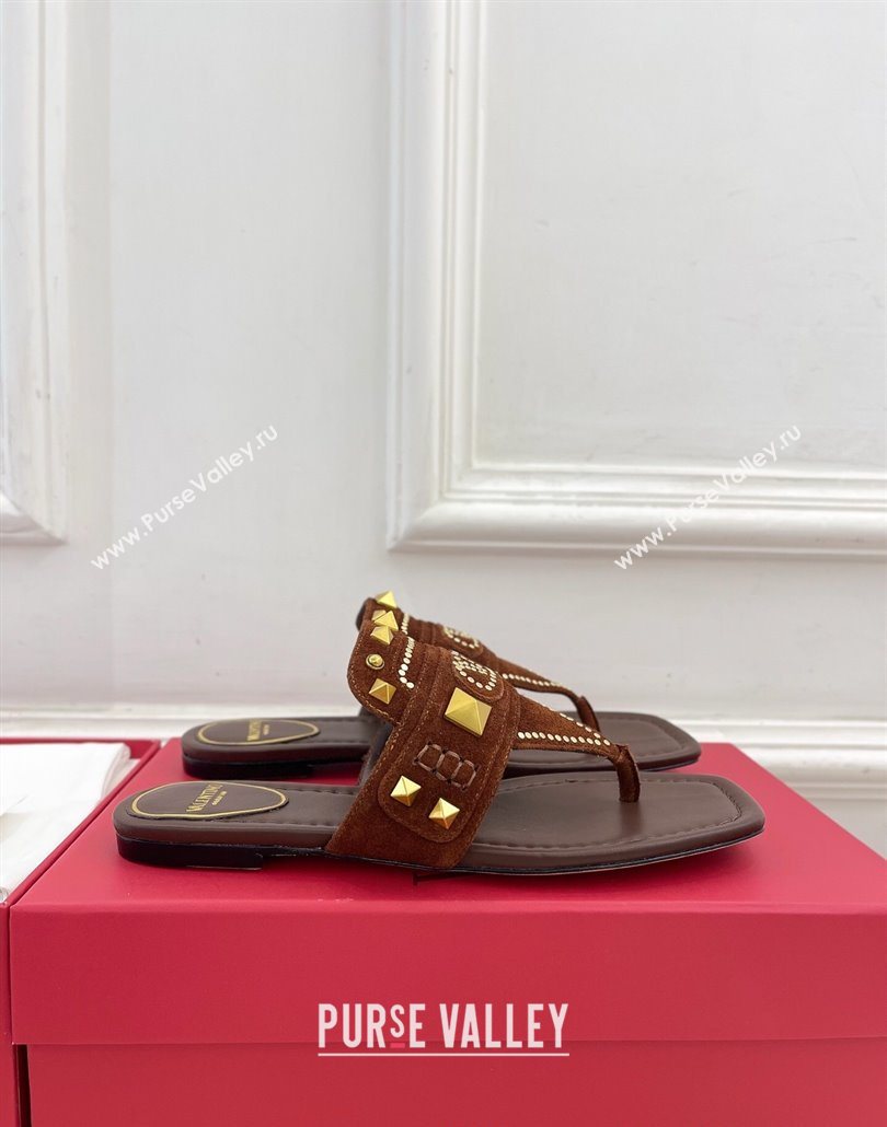 Valentino Plaster Caster Flat Thong Slides Sandal in Suede Brown 2025 (MD-250603082)
