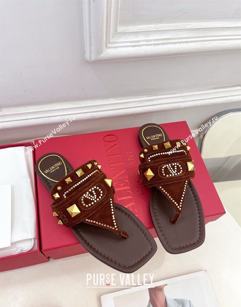 Valentino Plaster Caster Flat Thong Slides Sandal in Suede Brown 2025 (MD-250603082)