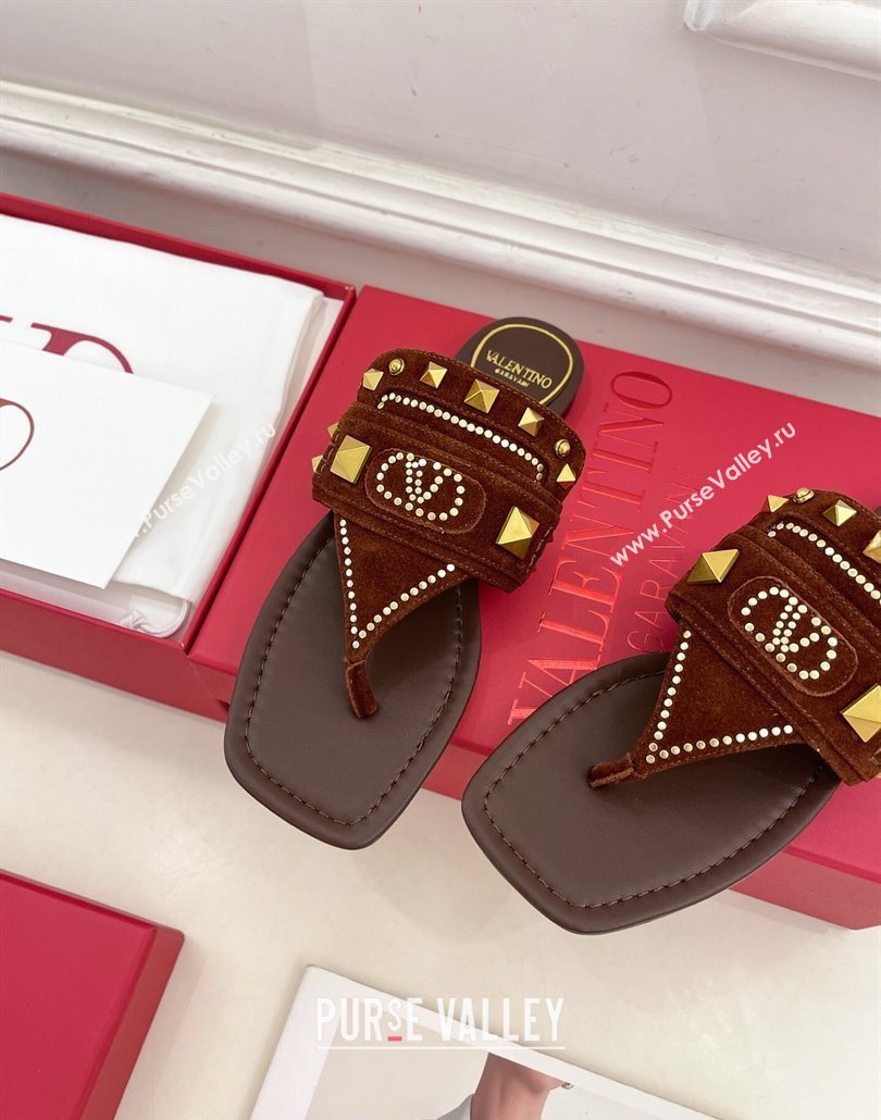 Valentino Plaster Caster Flat Thong Slides Sandal in Suede Brown 2025 (MD-250603082)