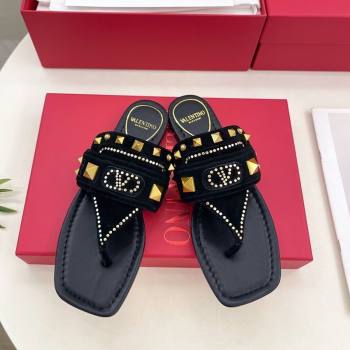 Valentino Plaster Caster Flat Thong Slides Sandal in Suede Black 2025 (MD-250603083)
