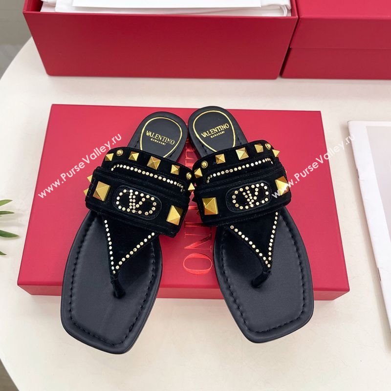 Valentino Plaster Caster Flat Thong Slides Sandal in Suede Black 2025 (MD-250603083)