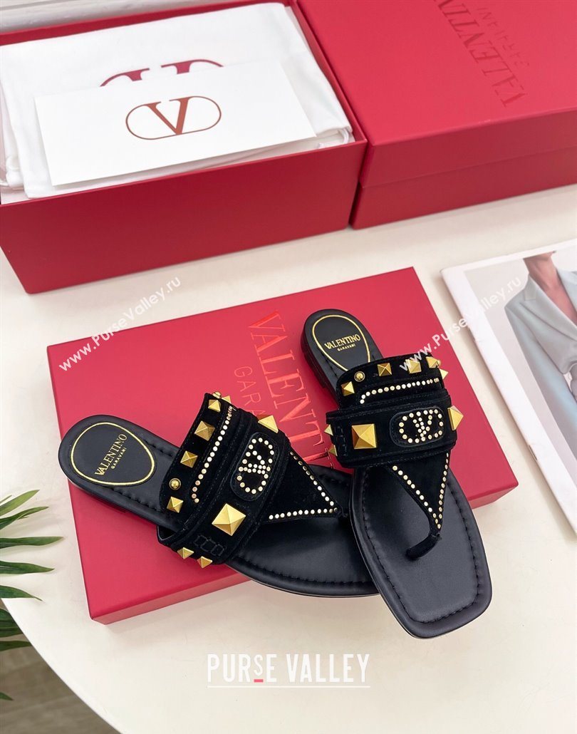 Valentino Plaster Caster Flat Thong Slides Sandal in Suede Black 2025 (MD-250603083)