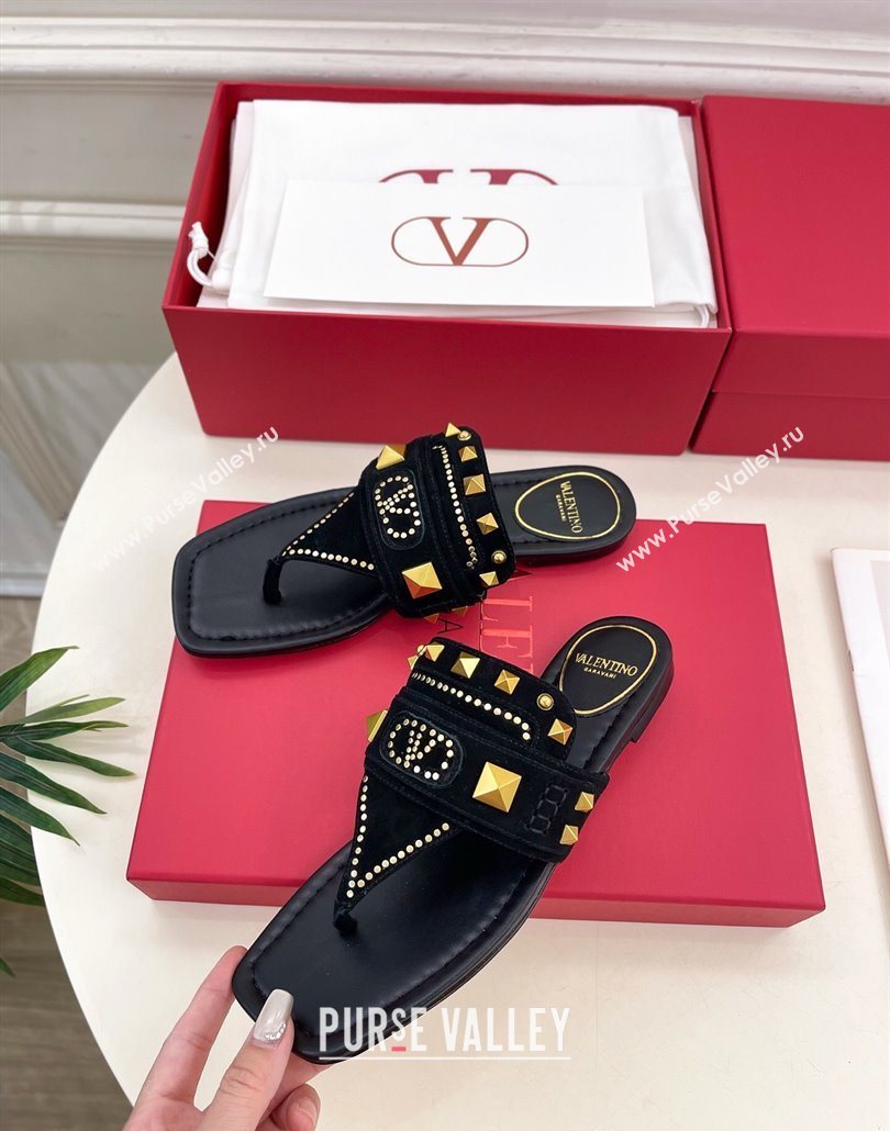 Valentino Plaster Caster Flat Thong Slides Sandal in Suede Black 2025 (MD-250603083)