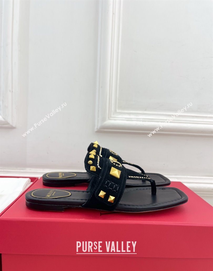 Valentino Plaster Caster Flat Thong Slides Sandal in Suede Black 2025 (MD-250603083)