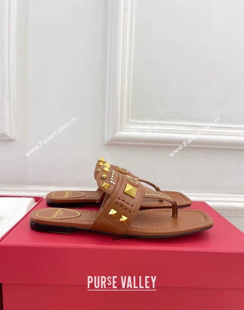 Valentino Plaster Caster Flat Thong Slides Sandal in Calfskin Brown 2025 (MD-250603078)