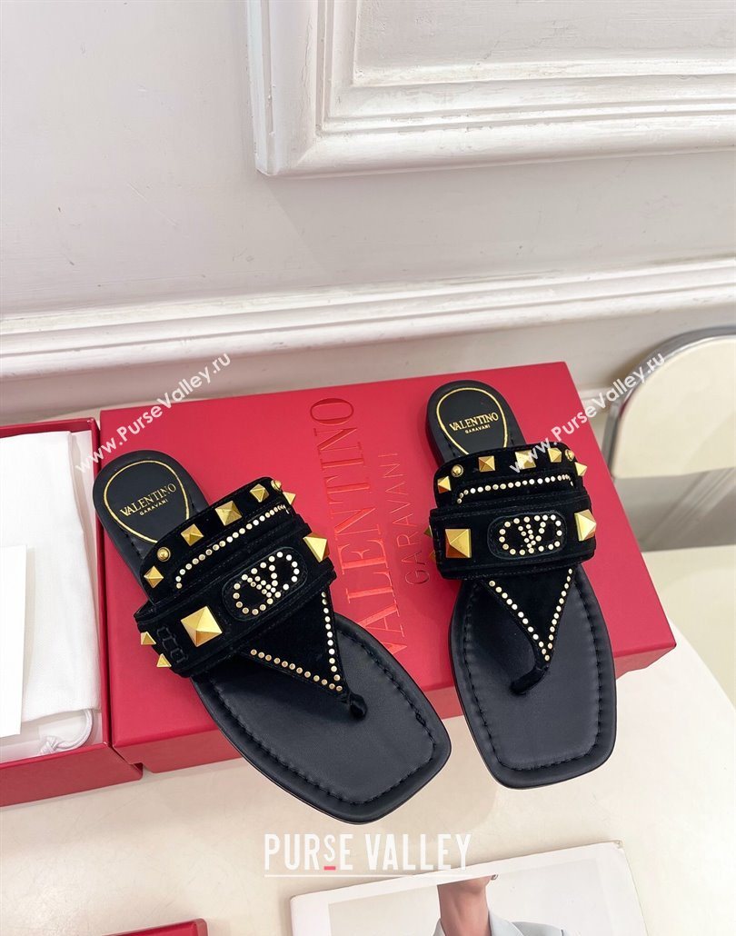 Valentino Plaster Caster Flat Thong Slides Sandal in Suede Black 2025 (MD-250603083)