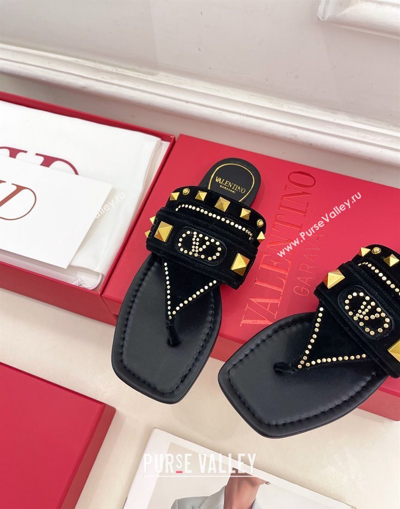 Valentino Plaster Caster Flat Thong Slides Sandal in Suede Black 2025 (MD-250603083)