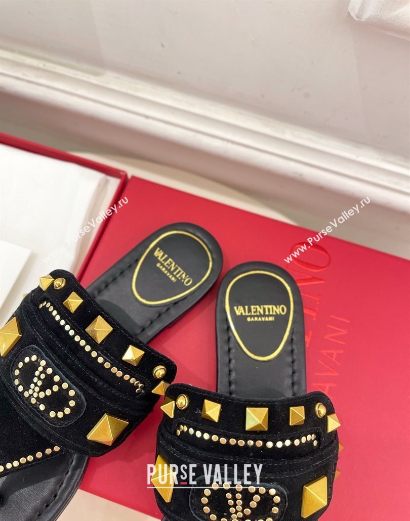 Valentino Plaster Caster Flat Thong Slides Sandal in Suede Black 2025 (MD-250603083)