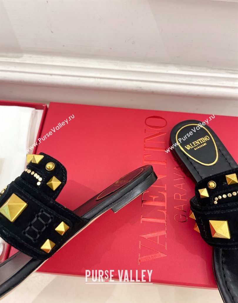 Valentino Plaster Caster Flat Thong Slides Sandal in Suede Black 2025 (MD-250603083)