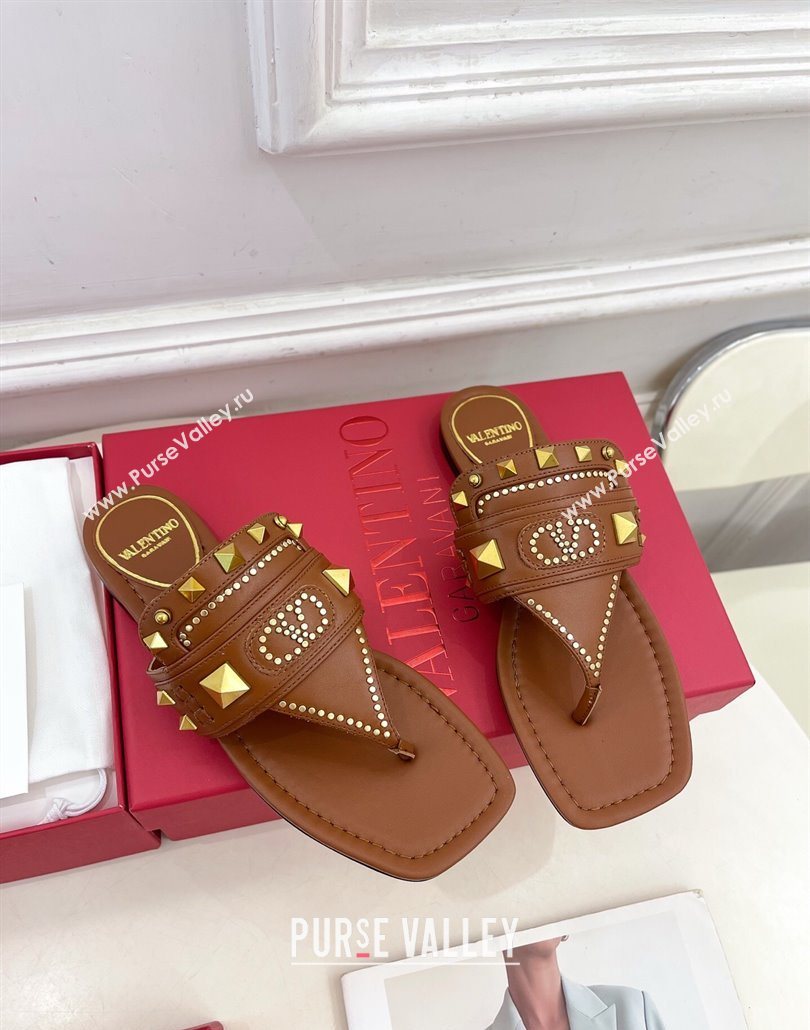 Valentino Plaster Caster Flat Thong Slides Sandal in Calfskin Brown 2025 (MD-250603078)