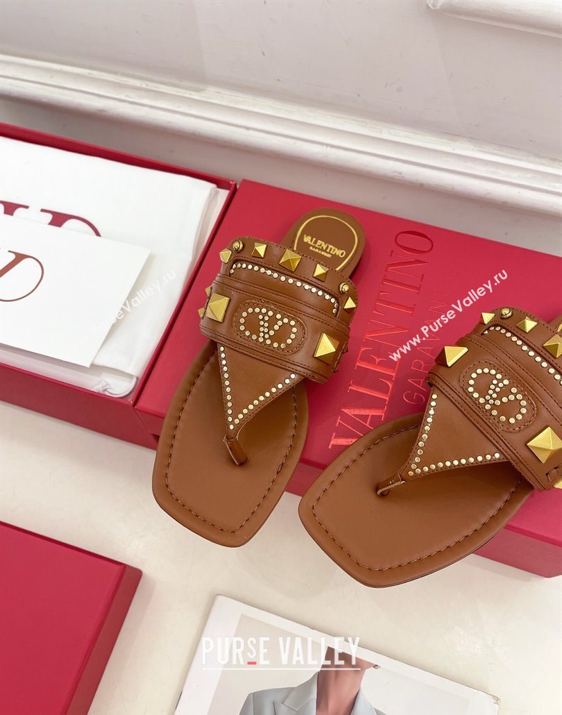 Valentino Plaster Caster Flat Thong Slides Sandal in Calfskin Brown 2025 (MD-250603078)