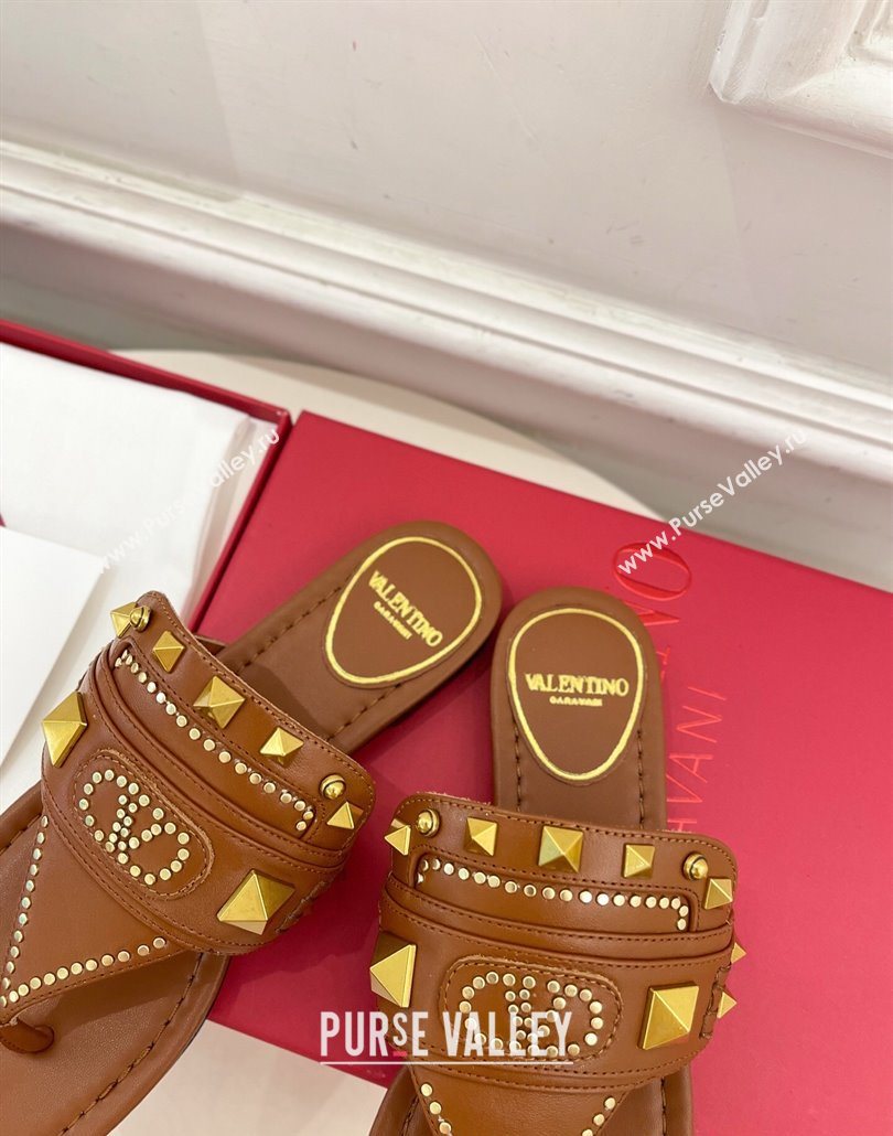 Valentino Plaster Caster Flat Thong Slides Sandal in Calfskin Brown 2025 (MD-250603078)