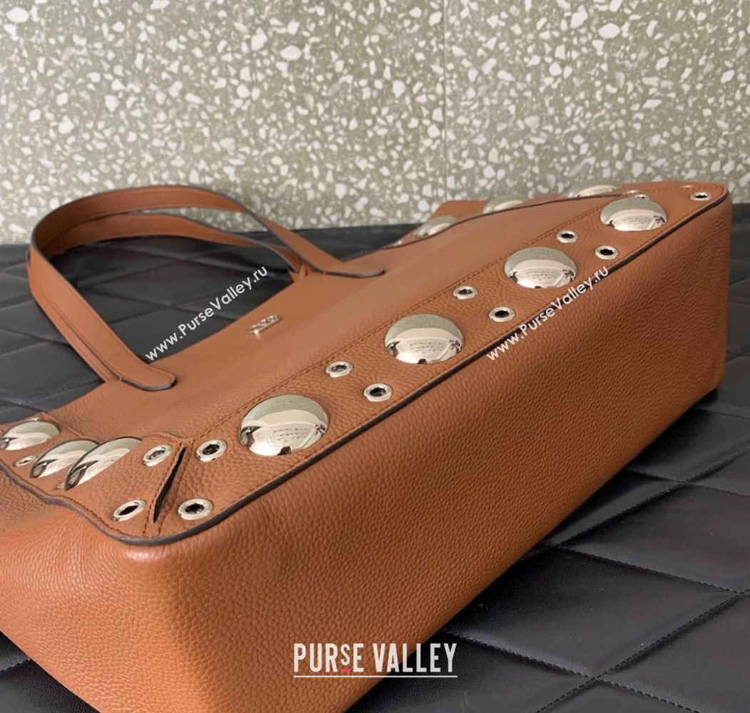 Valentino Medium Nellcôte Shopping Bag in Grainy Calfskin with Ball Studs Brown 2025 0076 (LKF-250626038)