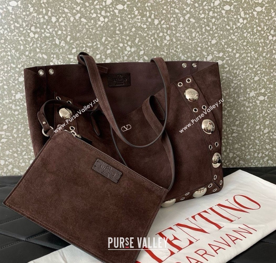 Valentino Medium Nellcôte Shopping Bag in Suede with Ball Studs Dark Brown 2025 0076 (LKF-250626039)
