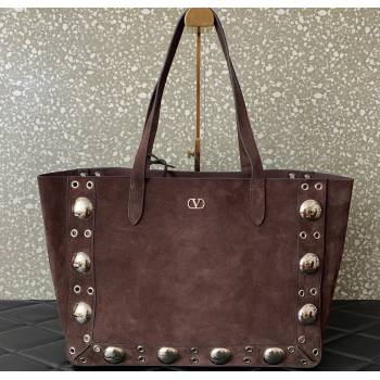 Valentino Medium Nellcôte Shopping Bag in Suede with Ball Studs Dark Brown 2025 0076 (LKF-250626039)