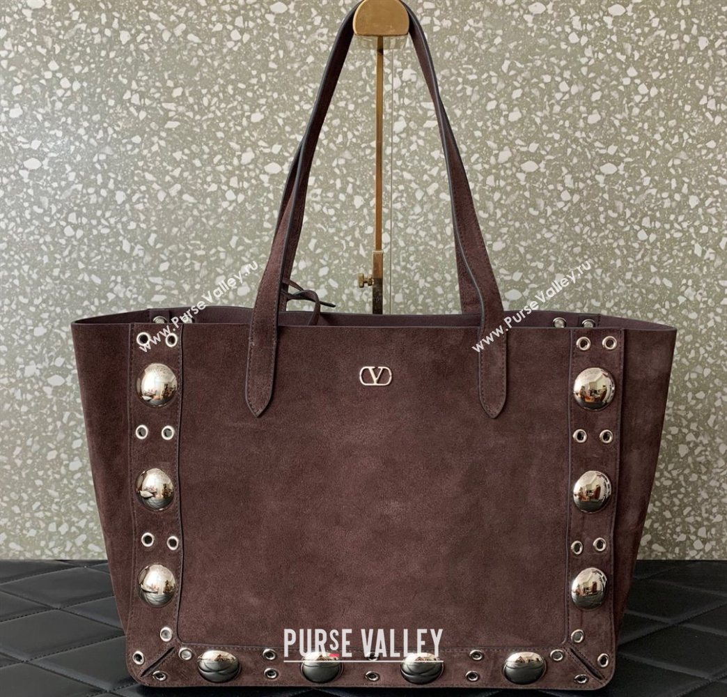 Valentino Medium Nellcôte Shopping Bag in Suede with Ball Studs Dark Brown 2025 0076 (LKF-250626039)
