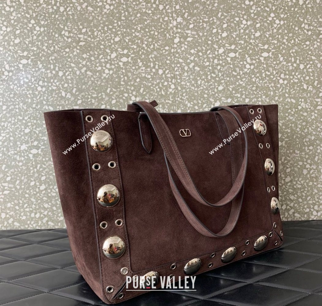 Valentino Medium Nellcôte Shopping Bag in Suede with Ball Studs Dark Brown 2025 0076 (LKF-250626039)