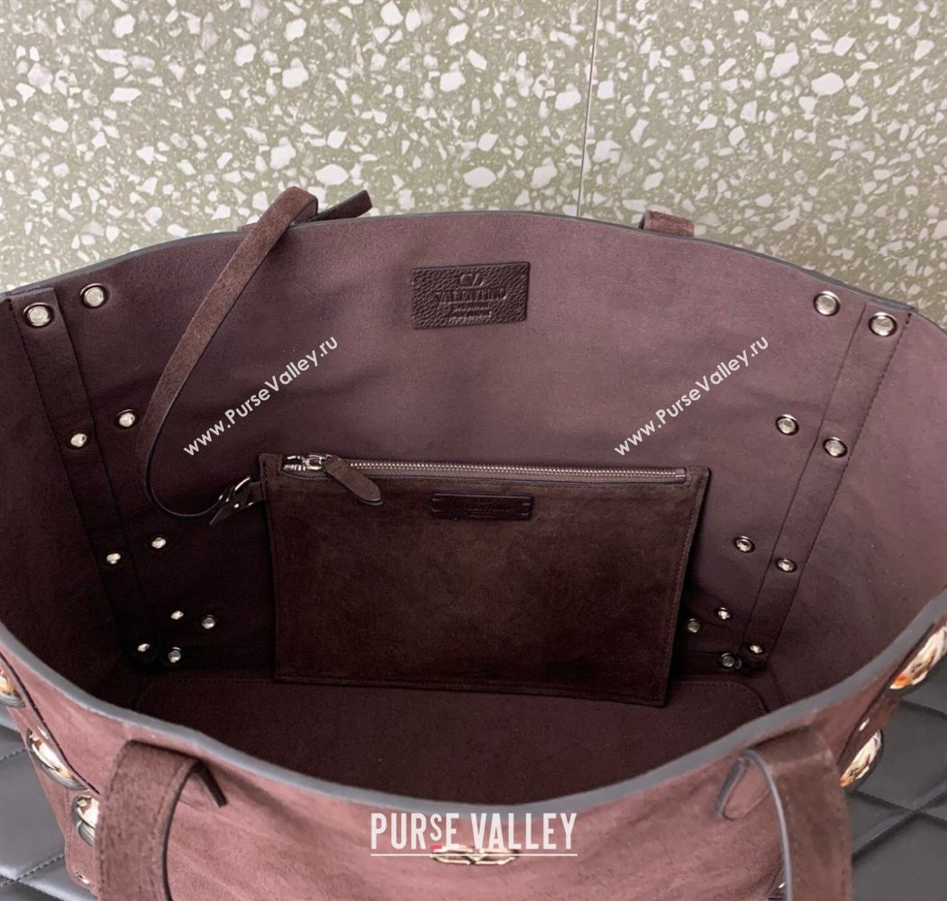 Valentino Medium Nellcôte Shopping Bag in Suede with Ball Studs Dark Brown 2025 0076 (LKF-250626039)