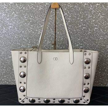 Valentino Medium Nellcôte Shopping Bag in Grainy Calfskin with Ball Studs White 2025 0076 (LKF-250626040)