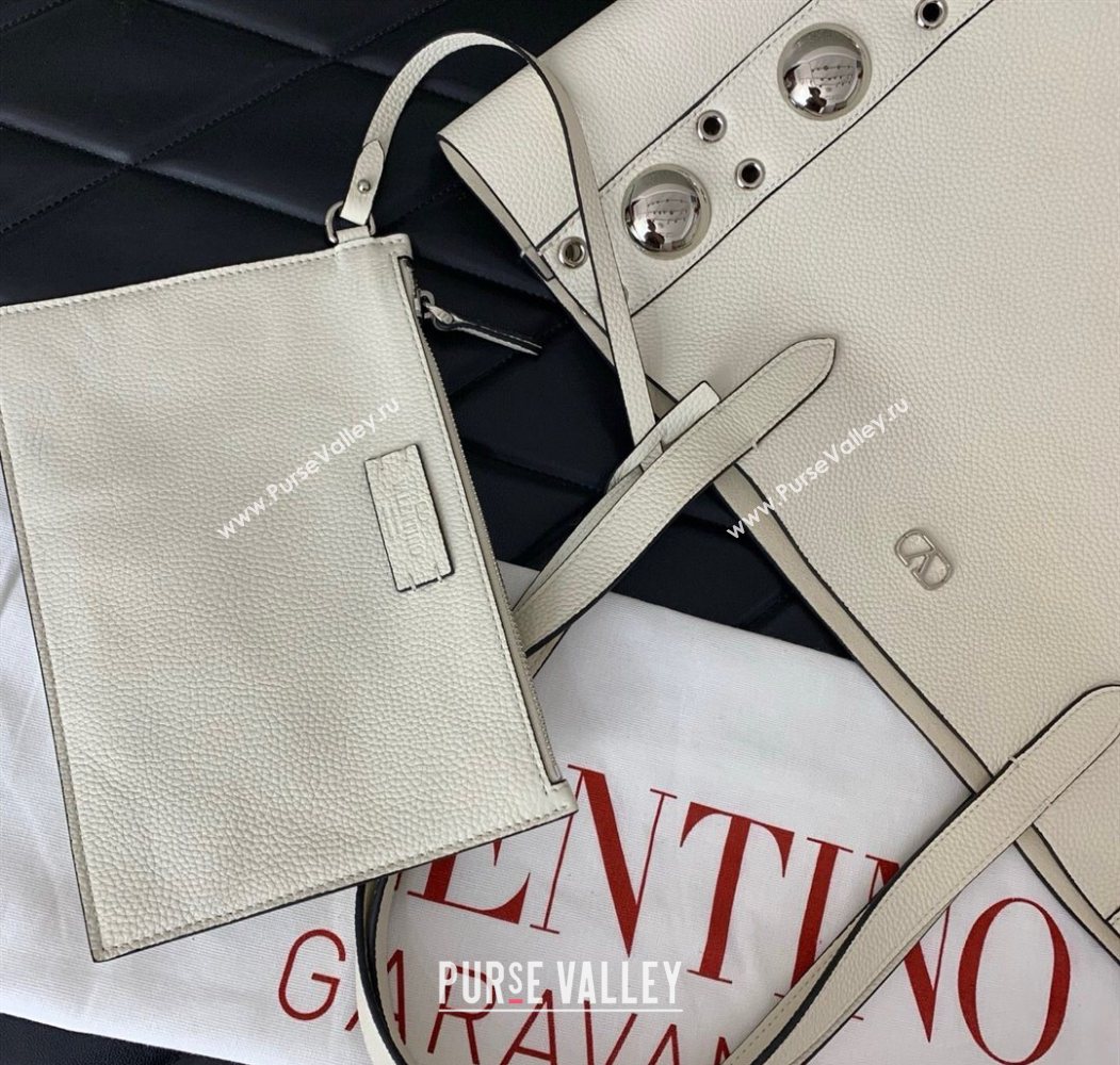 Valentino Medium Nellcôte Shopping Bag in Grainy Calfskin with Ball Studs White 2025 0076 (LKF-250626040)