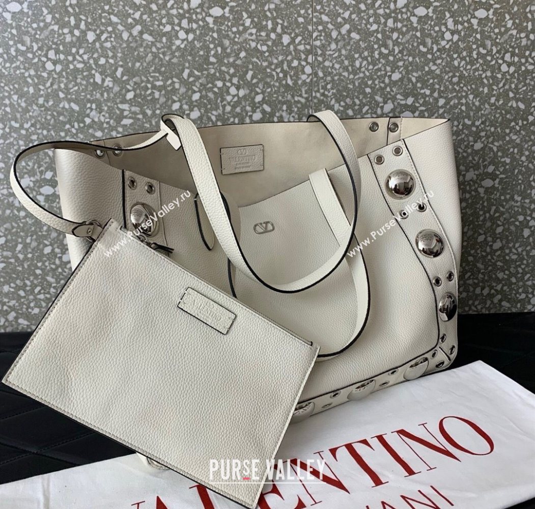 Valentino Medium Nellcôte Shopping Bag in Grainy Calfskin with Ball Studs White 2025 0076 (LKF-250626040)