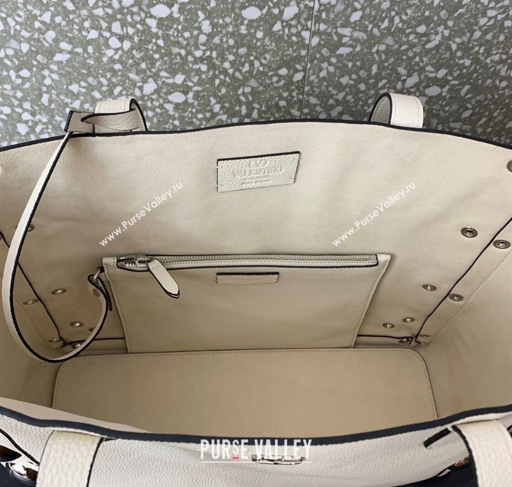 Valentino Medium Nellcôte Shopping Bag in Grainy Calfskin with Ball Studs White 2025 0076 (LKF-250626040)