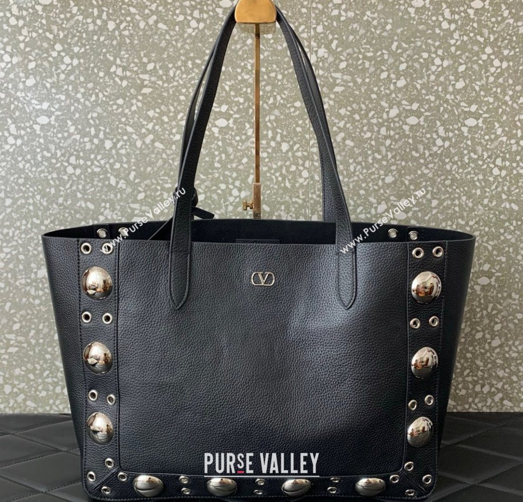 Valentino Medium Nellcôte Shopping Bag in Grainy Calfskin with Ball Studs Black 2025 0076 (LKF-250626041)
