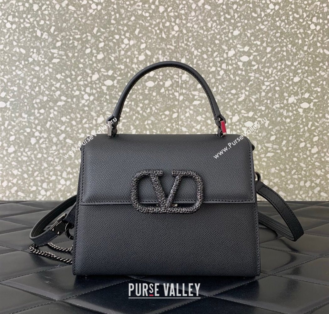 Valentino Small VSLING Grainy Calfskin Handbag with Strass Black 2025 7020 (LKF-250626012)