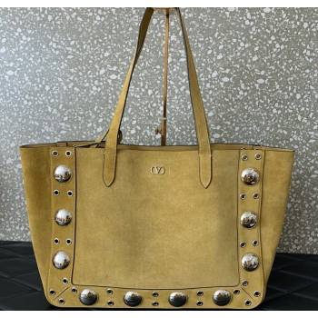 Valentino Medium Nellcôte Shopping Bag in Grainy Calfskin with Ball Studs Khaki 2025 0076 (LKF-250626042)