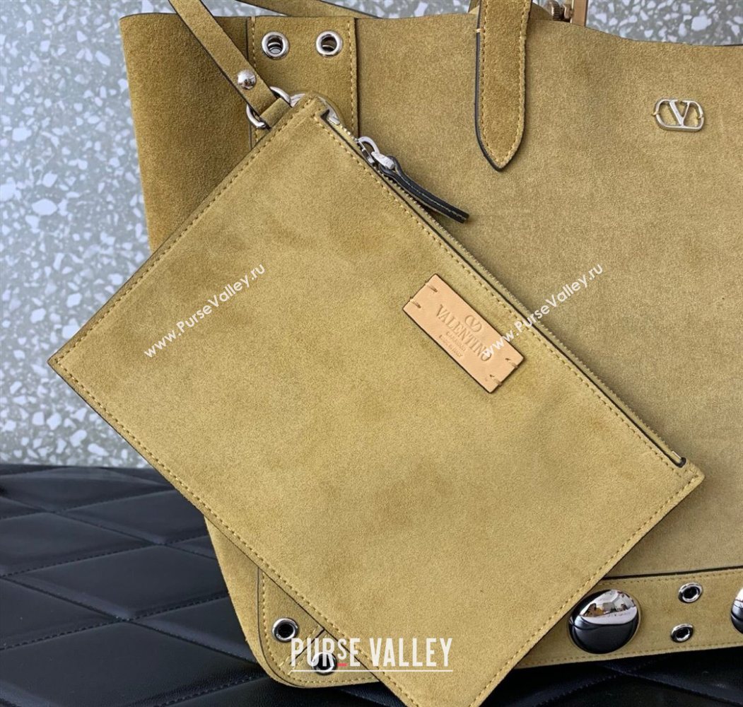 Valentino Medium Nellcôte Shopping Bag in Grainy Calfskin with Ball Studs Khaki 2025 0076 (LKF-250626042)