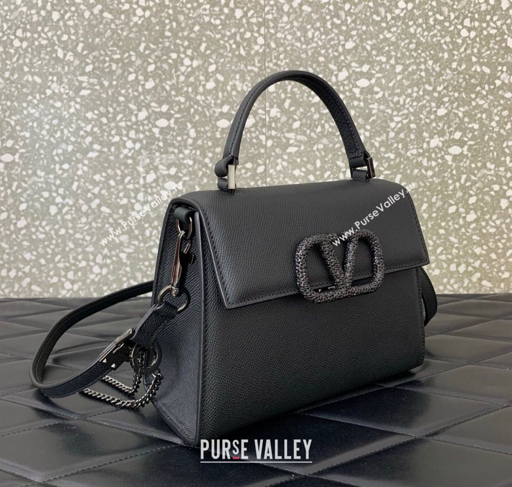 Valentino Small VSLING Grainy Calfskin Handbag with Strass Black 2025 7020 (LKF-250626012)