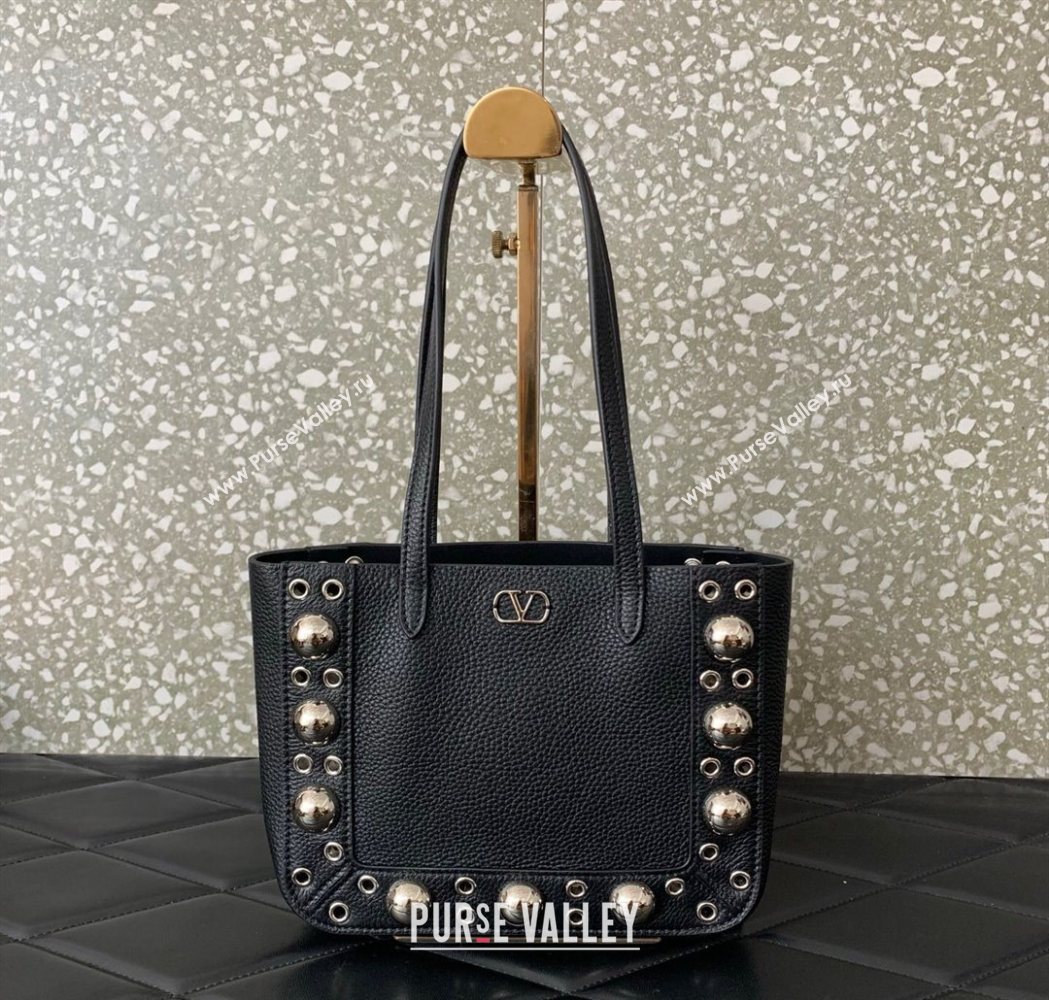 Valentino Mini Nellcôte Shopping Bag in Grainy Calfskin with Ball Studs Black 2025 0078 (LKF-250626043)