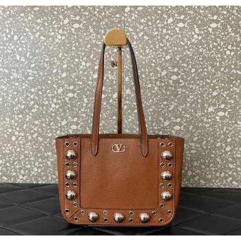 Valentino Mini Nellcôte Shopping Bag in Grainy Calfskin with Ball Studs Brown 2025 0078 (LKF-250626044)