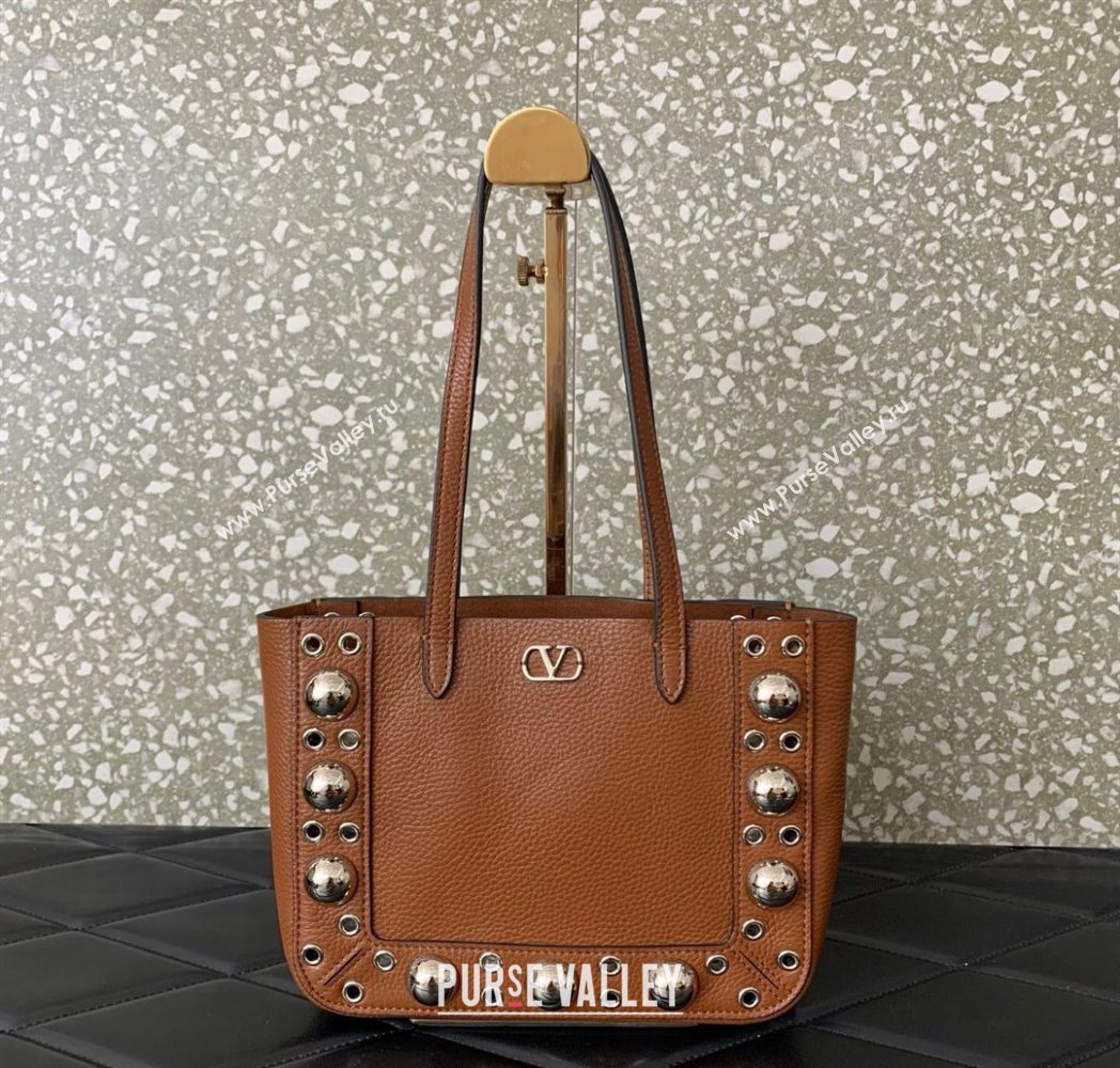 Valentino Mini Nellcôte Shopping Bag in Grainy Calfskin with Ball Studs Brown 2025 0078 (LKF-250626044)